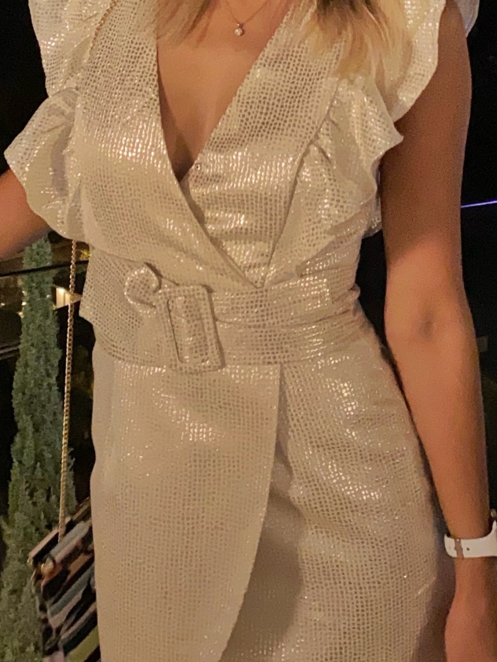 Shimmer Wrap Dress with Ruffle Sleeves in Champagne